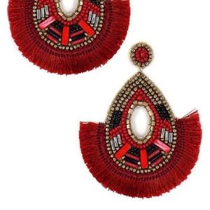 Beads and Fringe Drop Earrings- Burgundy